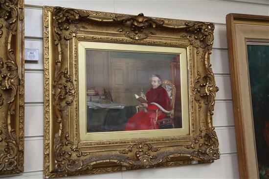 Georges Croegaert (1848-1923) Cardinals playing chess and reading a book 10 x 13.5in.